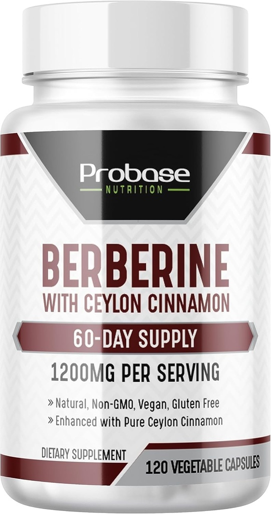 Probase Nutrition Berberine se skořicovým výtažkem - Gluten Free a Vegan - 120 Kapsle - 1200mg na jedno podání