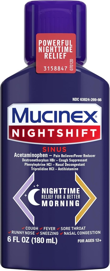 Mucinex Nightshift Sinus, 성인, Sinus 구호, Sore Throat 구호, Cough Suppressant & Nasal Decongestant for Adults, 6 Fl Oz