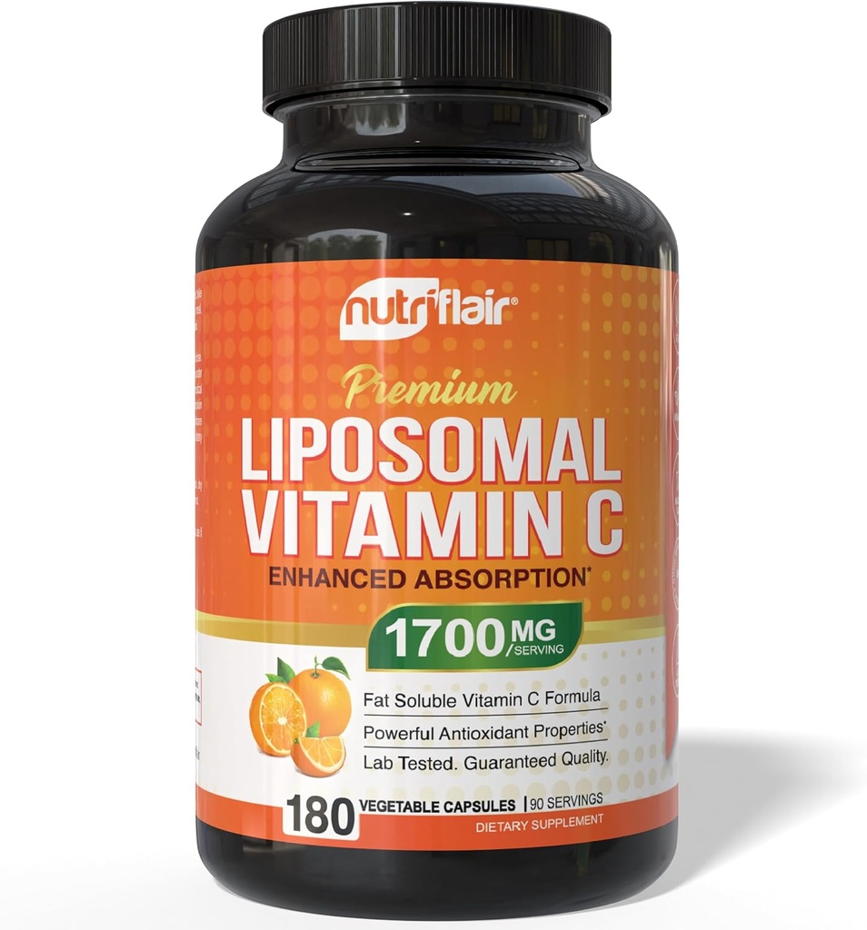 NutriFlair Liposomal Vitamin C 1700mg, 180 kapsler - Høj Absorption, Fat Opløselig VIT C, Højere biotilgængelighed Immunsystemet Support & Collagen Booster, Non- GMO, Vegan piller
