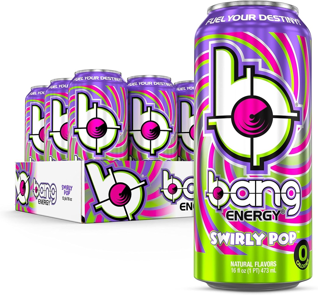 Bang Energy Swirly Pop, sans sucre, boisson énergétique, 16 once (paquet de 12)