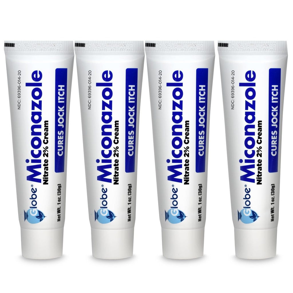 Globe (4 Pack Miconazole Nitrate 2% Antifungal Cream, Cures Athletes Foot, Jock Itch, Ringworm and More. 1 OZ Tube
