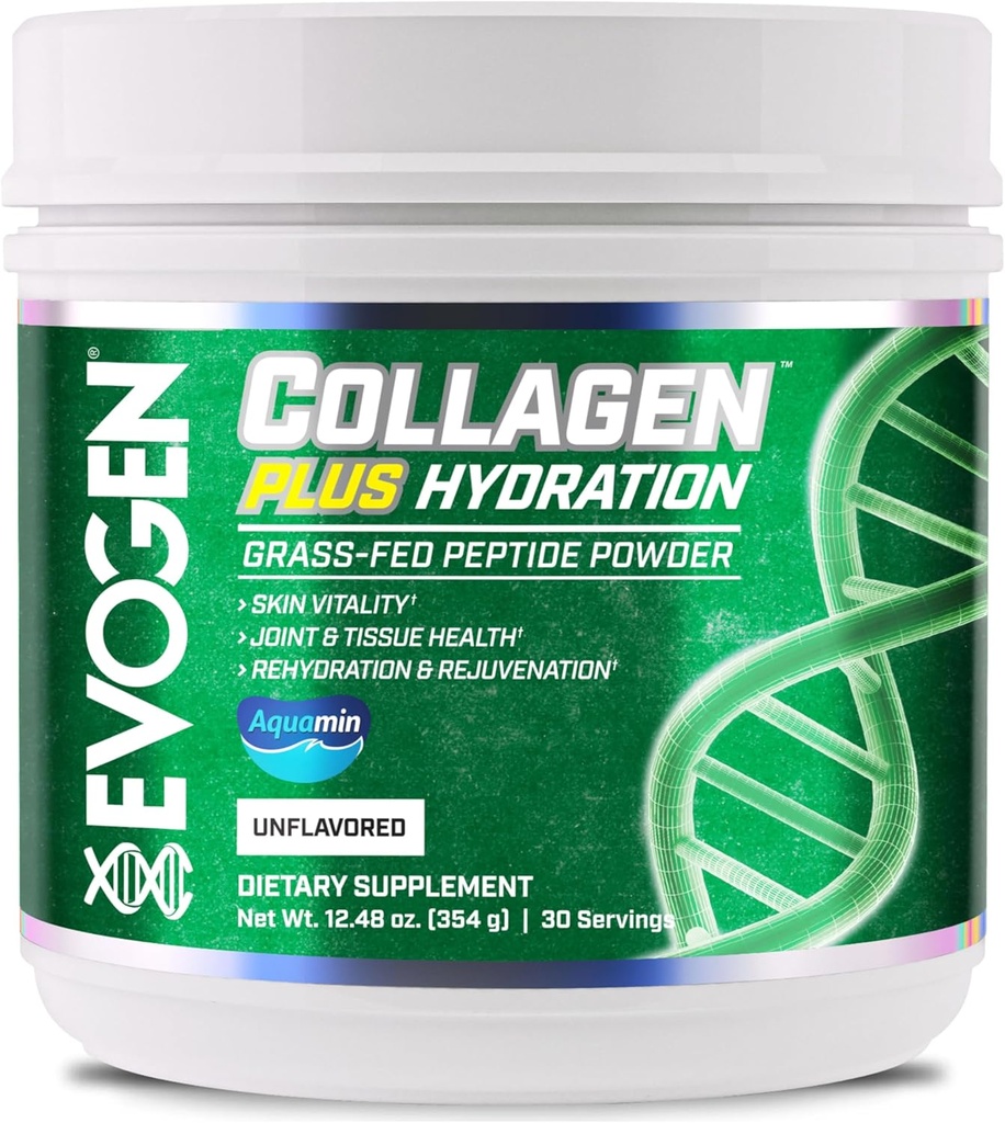 Evogen Collagen Plus Hydration - Grass-Fed Collagen for kvinner og menn | Collagen Peptides pulver | Collagen pulver støtte hudvitalitet, Hydration, Joint & Vessue Helse | Uovertruffen | 30 serveringer