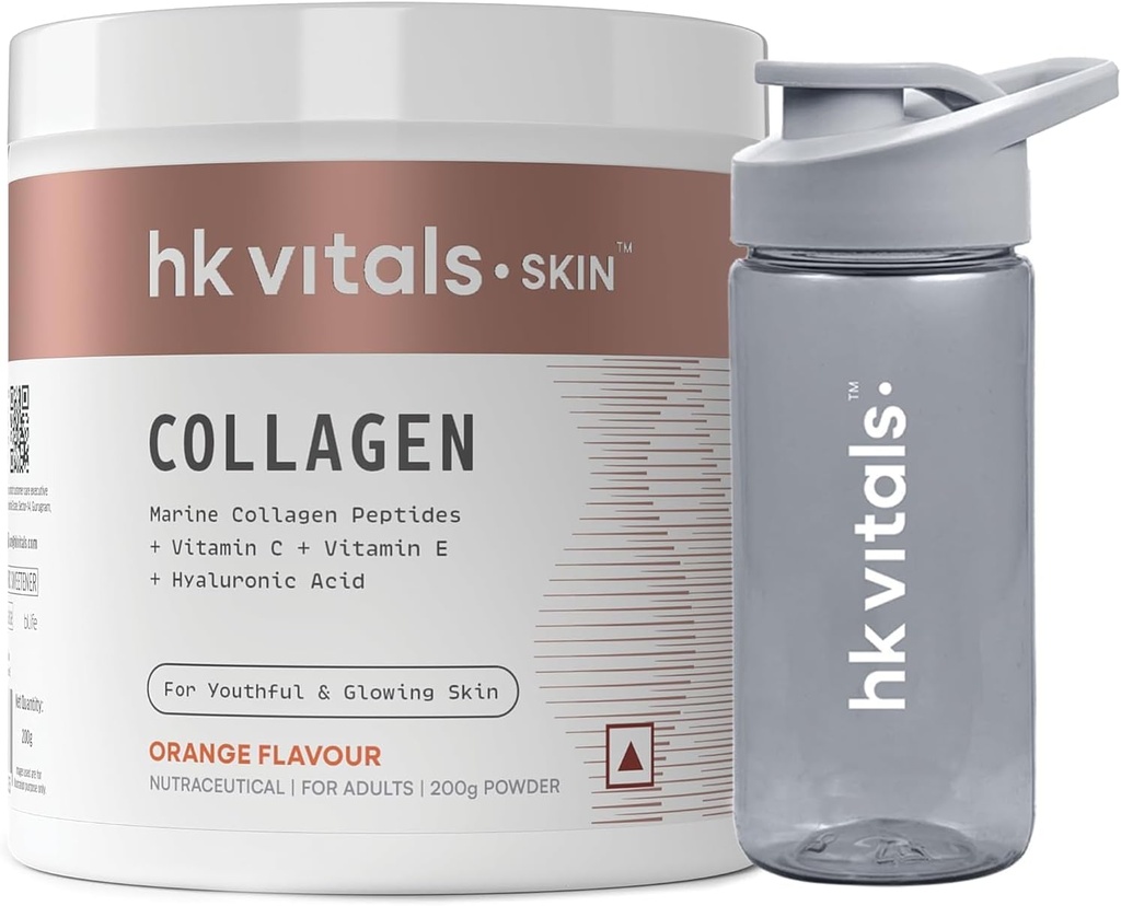 Heal;thKart hk Vitals Marine Collagen Supplement (Orange, 200g) & Sipper Bottle (Grey, 300ml) Combo Pack | con vitamina C & E | para pel sa, cabelo e unhas