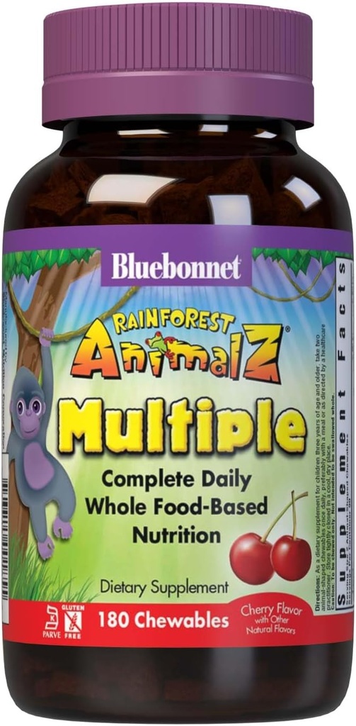 Bluebonnet Beslenme Rainforest Animalz Whole Food Based multiple Chewable Tablet, Çocuklar Multivitamin & Mineral, C, D3, Iron, Gluten Free, Milk Free, Kosher, 180 Chewable Tabletler, Cherry Flavor