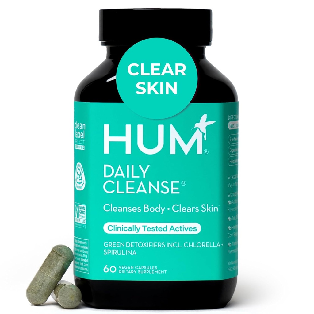 HUM Daily Cleanse Acne Supplements naistele ja meestele, õrn seedetrakti puhastus selge naha tugi, tsink, Spirulina, Chlorella, detoksikeerivad maitsetaimed, orgaanilised vetikad, naha vitamiinide täiendus, 60 kapslit
