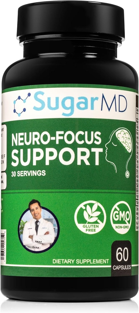 SugarMD Neuro-Focus Support - Yadda saxlamaq üçün Brain Health Supplements - Bacopa, Ginkgo, & Bioperine - Bilişsel dəstək üçün - Non-GMO və Gluten-Free - 60 Capsules