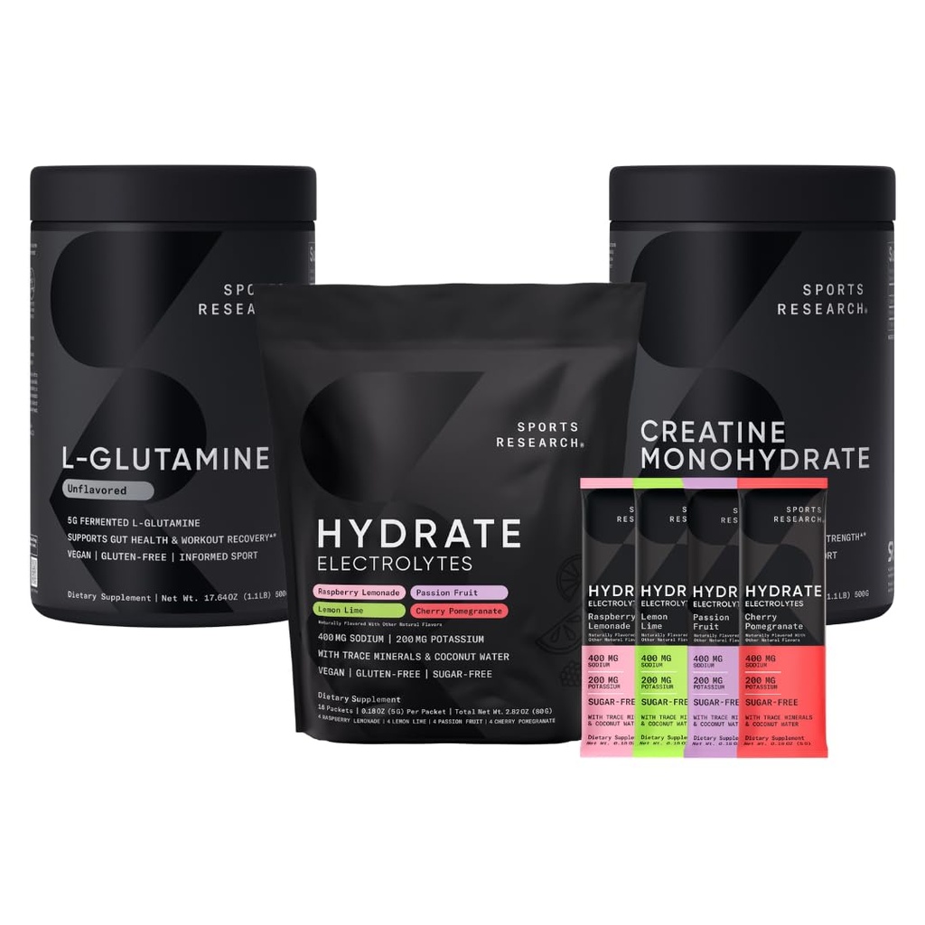 Sports Research L-Glutamine (1.1 lbs), Sugar-Free Naturally Flavored Hydrate Electrolytes 16x Variety Packets and Creatine Monohydrate (1.1 lbs)