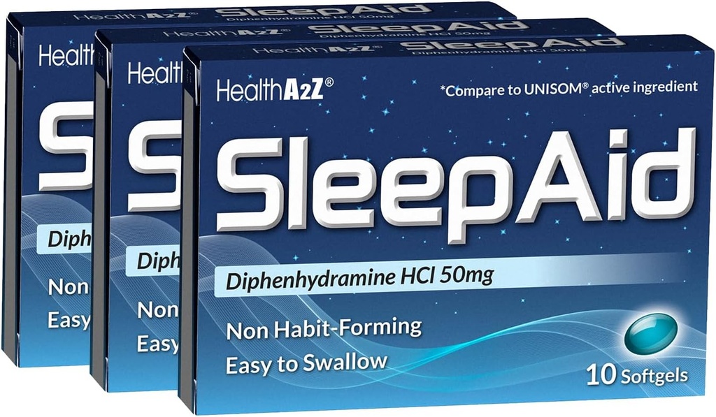 HealthA2Z® Sleep Aid | Diphenhydramine HCL 50mg | Softgels | Поддерживает более глубокий спокойный сон | 10 графов (пакет 3)