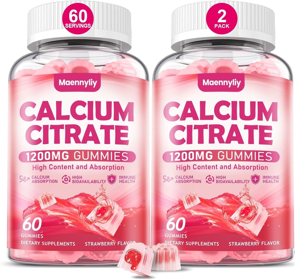 Citrato de calcio Gummies 1200 mg para adultos: Suplemento de calcio de absorción final para mulleres e homes - fácil de Digest, Vegan, Non-GMO, Gluten Free - Natural Strawberry Flavor