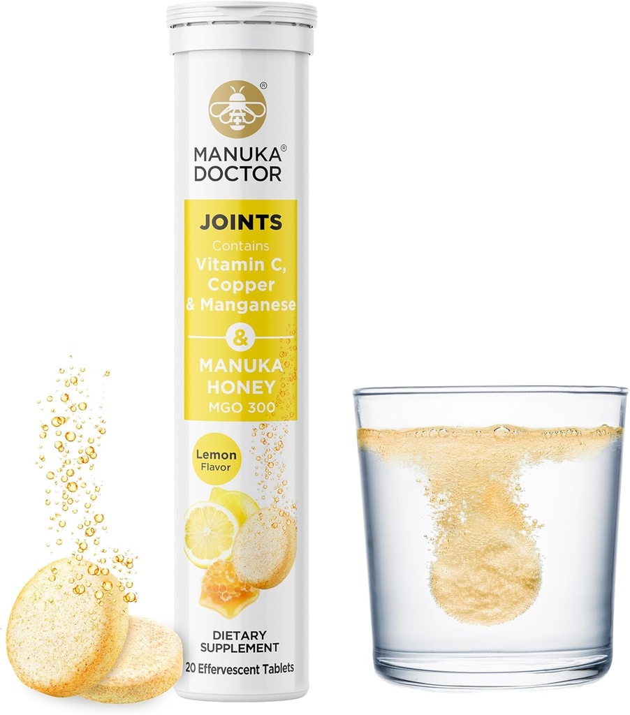 Manuka Doctor Joints * Kasdienės bendros paramos priedas su Manuka Honey, Vitaminas C, Varis ir manganas skatinti bendrą sveikatą, Lemon Sfeor, 20 Effervext tablečių