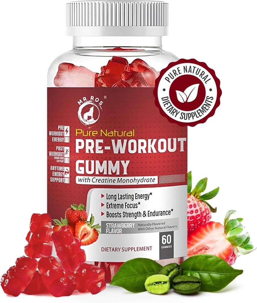 Pure Natural Pre- Working Gummies with Creatine Monohydro & Green Coffee Bean Extract - Energija, Focus, Endurance Boost, Braškių skonio, 60 Gummies