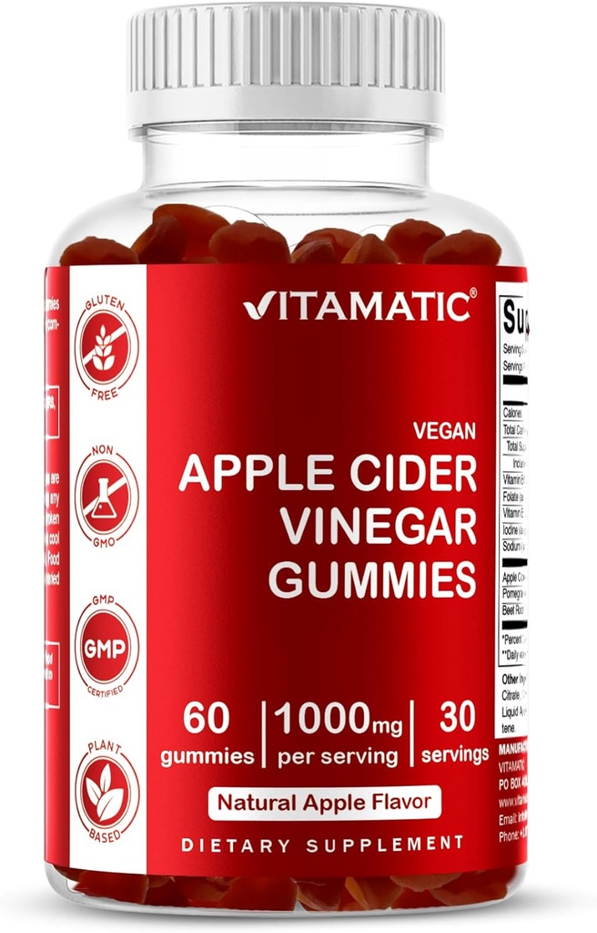 Vitamatic Apple Cider Vinegar Gummies - hizmet başına 1000 mg - 60 Vegan Gummies - ACV Gummies for Detox, Kilo Kayıp Desteği, Enerji Boost, Digestion & Gut Health