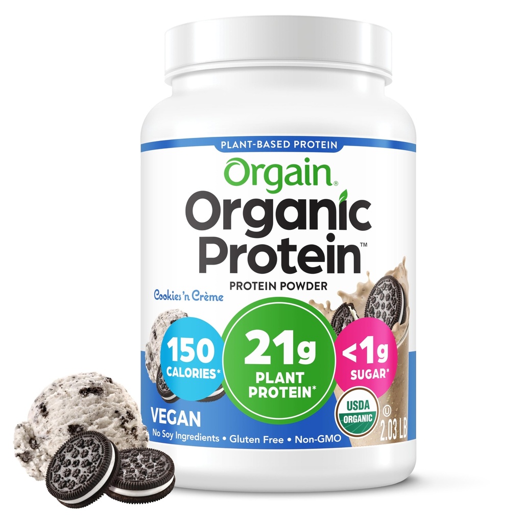 Orgain Organic Vegan Protein Powder, Cookies & Cream - 21g Plant Based Protein, 7g Prebiotic Fiber, Low Net Carb, No Lactose Ingredients, No Added Sugar, Non-GMO, For Shakes & Smoothies, 2.03 lb