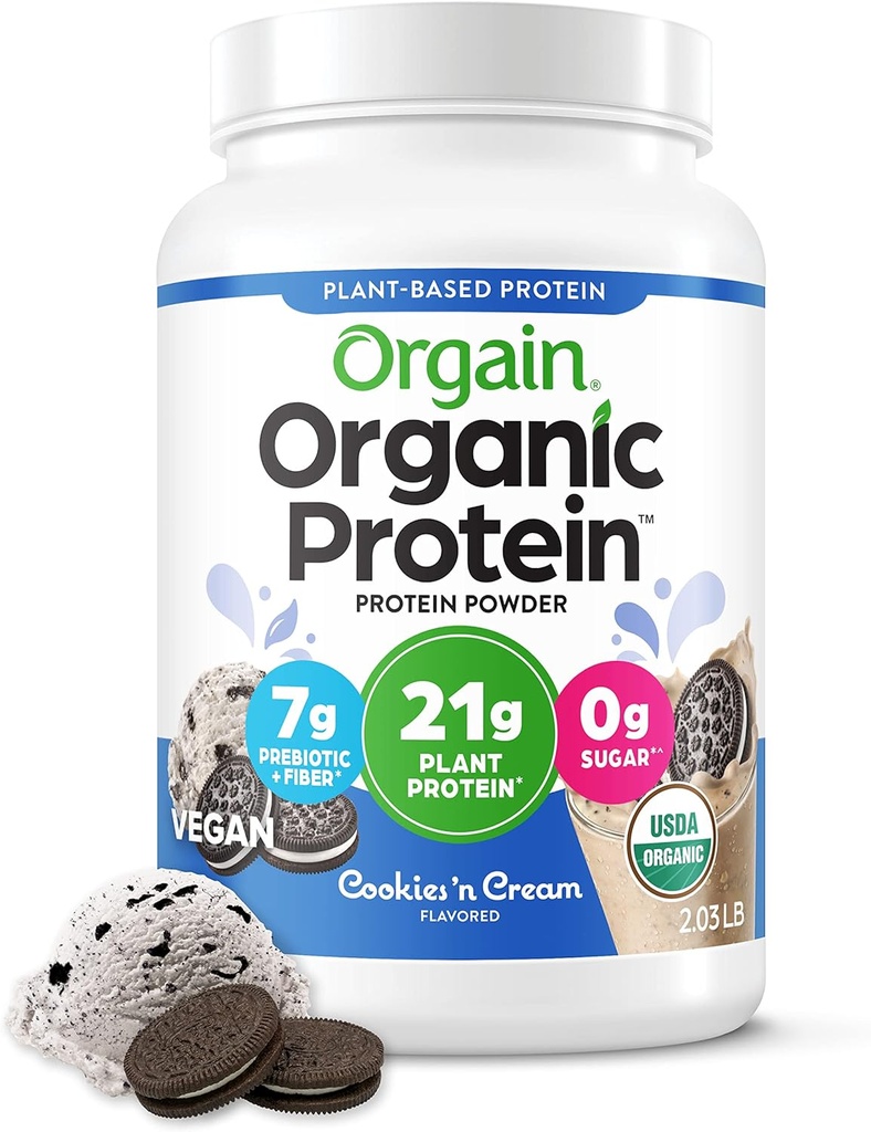 Orgain Organic Vegan Protein Powder, Evästeet & Cream - 21g Kasvipohjainen proteiini, 7g Prebioottikuitu, matala Net Carb, ei laktoosia Ainesosat, ei lisättyä sokeria, ei-GMO, Shakes & Smoothies, 2.03 lb