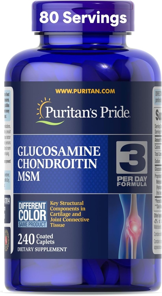 Puritans Pride Glucosamine Chondroitin MSM Dietary Supplement för gemensam hälsa, 240 belagda tabletter (Packaging kan variera)