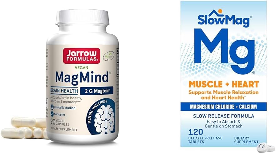 Jarrow Formulas MagMind Brain Health with Magtein (Magnesium L-Threthreonate) & SlowMag Muscle + Heart Magnesium Chloride with Calcium Supplemen
