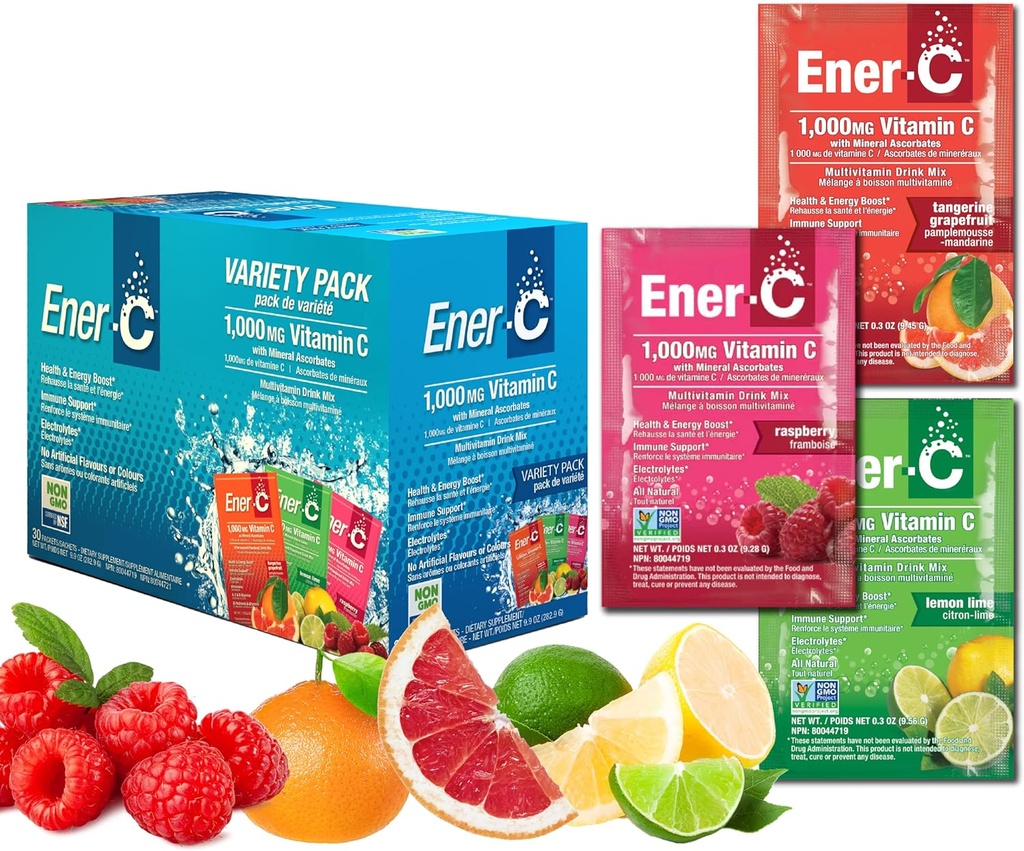 Ener-C Variety Pack Multiplevitamin เครื่องดื่มวิตามินผสม C 1000mg & Electron & electrony with Real Propeal Profiles & Immune รองรับผู้หญิง & Men - Not-GMO Medias and Glute Free - 30 Count