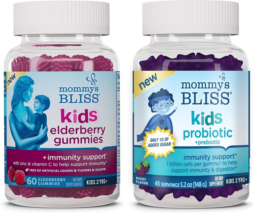 Mami's Bliss Kinder Elderberry Gummies 60 Count (Pack von 1), und Kinder Probiotic + Prebiotic Gummies 45 Count (Pack von 1), Unterstützung Kinder Immunität und gesunde Verdauung