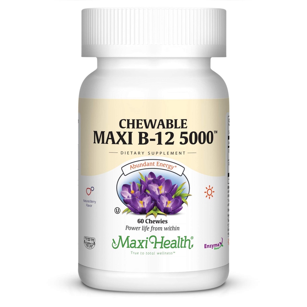 Maxi Health Chewable Vitamin B12 5000 mcg Tablets – B12 Chewables for Adults, Dual Form Methylcobalamin & Cyanocobalamin – Dissolvable B12 Tablets – Energy, Brain & Nerve Support – Kosher – 60 Count