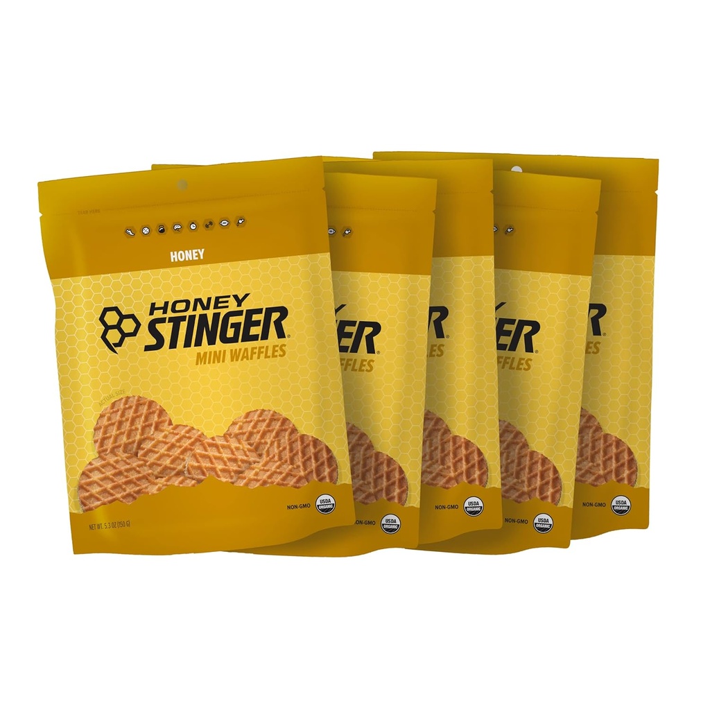 Honey Stinger Organic Mini Honey Waffles, Energy Stroopwafel para exercício, resistência e desempenho, Nutrição Desportiva para Casa e Ginásio, Pré e Pós-treino, 5 Bolsas, 26.5 Ounce
