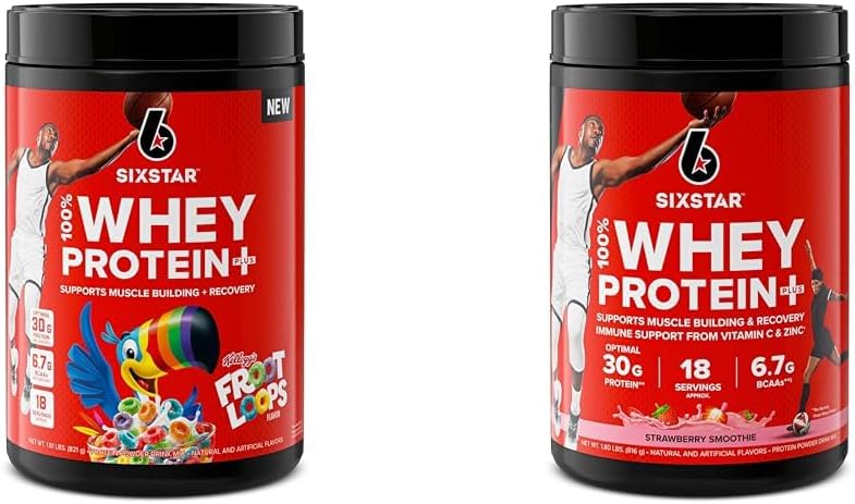 Six Star Whey Protein Powder Froot Loops Flavor & Strawberry Smoothie | Muscle Building & Recovery Plus Immune Support | 30g Protein | Men & Women
