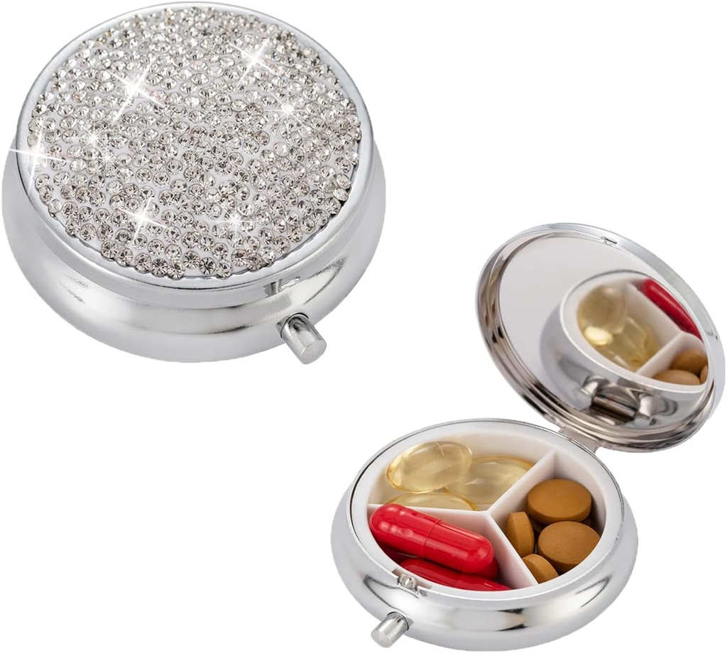 Bling Pill Box, 3 Sammenligningsmedisin Pill Case Holder, Bling Crystal Rhinestones Vanntett Pocket Pill Case Ound Medicine Organizer for Vitamin / Fish Olier / Supplement. (Silver)