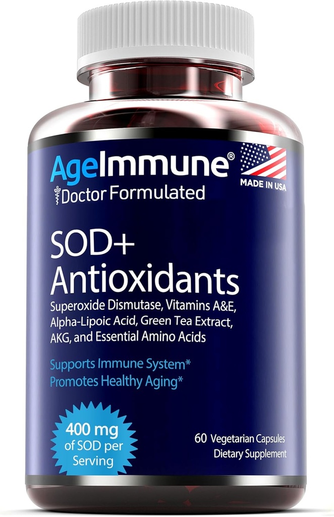 SOD Antioxidants complexos saluty Aing suplementari - 400mmg de Superoxide Dismuteuse - Àcid Alfa Lipoic - L-Arginine - Lysine - AKG - Vitamina E per a Imnee-60les