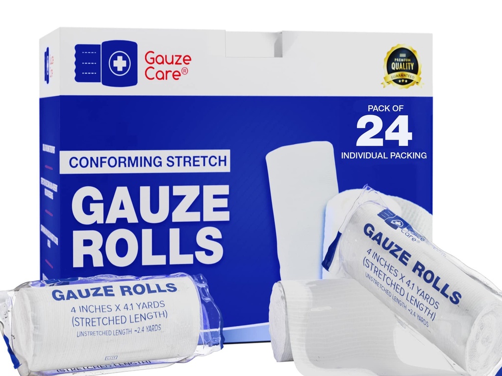 Gauze Rolls Pack of 24 – Premium Quality Lint and Latex-Free 4 inches x 4.1 Yards Conforming Stretch Bandages Designed for Effective Wound Care & Comfort - Ideal for use as a Mummy wrap