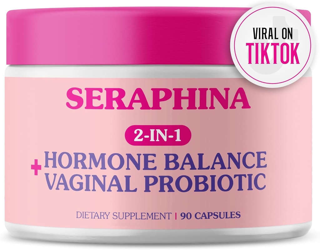 Seraphina Vaginal Probiotics 2-in-1 여성 + 호르몬 균형 - 90 캡슐 전체 Feminine 케어, PMS & Urinary Tract 건강, Prebiotic Blend, 10 Billion CFU, 6 Strains (90 개)