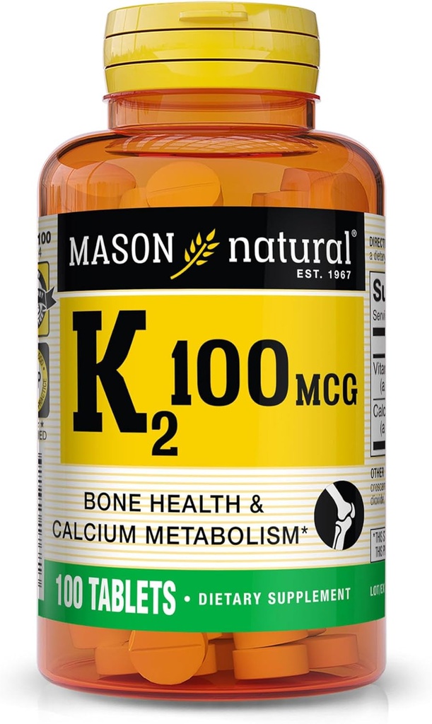 MASON NATURAL Vitamin K2 100 mcg with Calcium, Supports Bone, Heart & Muscle Health, 100 Tablets