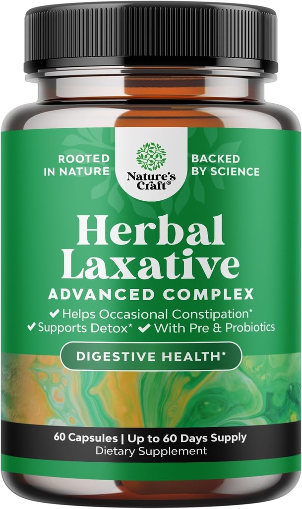 Herbal Laxative Kapsler med Probiotika - Naturlige Laxativer til Forstoppelse med Senna Leaf, Psyllium, Aloe Vera - Colon Cleanse for Kvinder & Mænd - Detox til Gut Health & Weight Management - 60 Ct