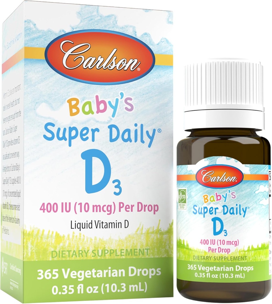 Carlson - Baby's Super Daily D3, Baby Vitamiini D Drops, 400 IU (10 mikrog) per Drop, 1-vuoden tarjonta, kasvissyöjä, nestemäinen D-vitamiini imeväisille ja pikkulapsille, makuamaton, 365 Drops