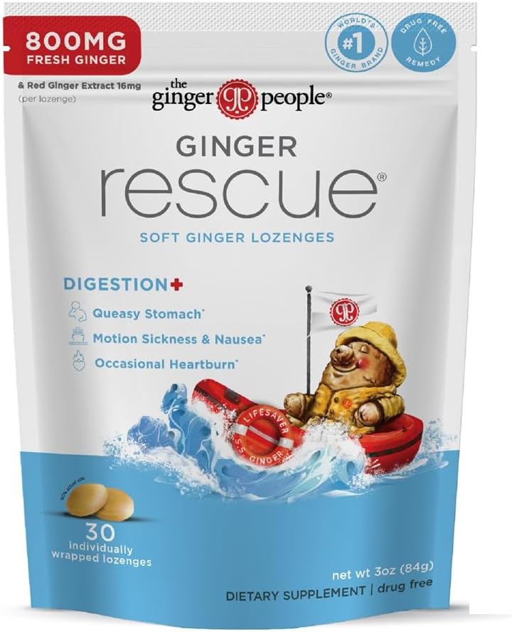 Die Ginger People Ginger Rescue Digestive Wellness Lozenges (Soft) | Extra Strength - 800mg | Nausea, Upset Stomach, Motion Sickness, Mild Heartburn, Indigestion, 30 Count (Pack 1)