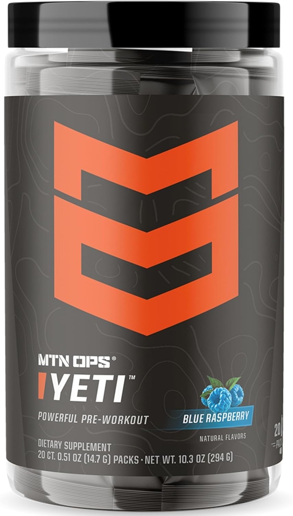 MTN OPS Yeti Trail Packs Pre-Workout Powder Energy Drink with Creatine, 200mg Кофеин & BCAAs with Beta Alanine, 20-Single Servings, Blue Raspberry