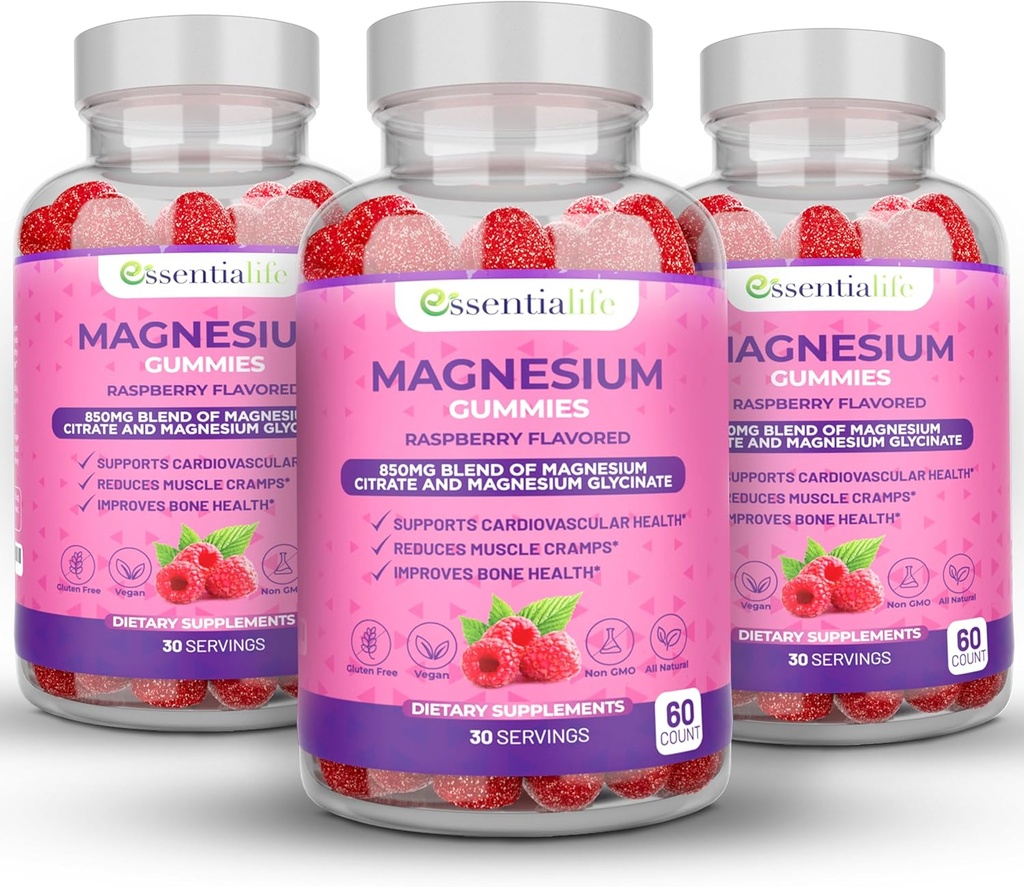 Magnesium Gummies 3 Pakker Essentialife 100mg Per Serving - blanding av magnesium Citrat & Magnesium Glycinat - Støtter Digestion - Hold deg rolig og våken energiisert med magnesiumtilskudd for søvn