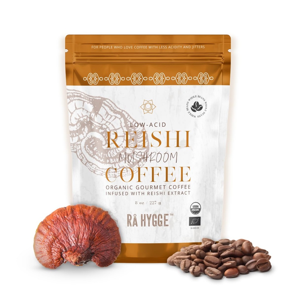 Rå Hygge 特产 有机全豆蘑菇 咖啡 配 Reishi - 为了冷静的能源,放松和平衡 - 健康的咖啡替代品,低亚基中烤,8 oz(16杯),瑞典烤制