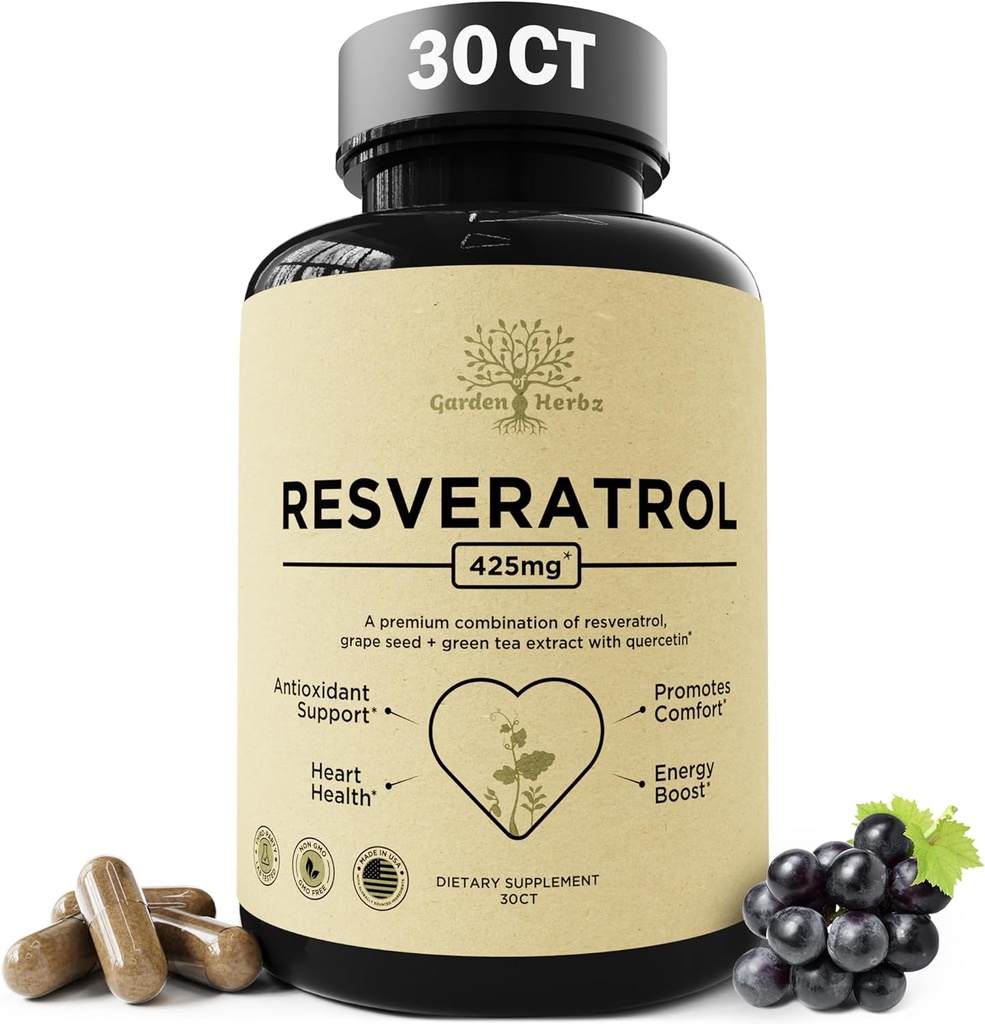 Quercetin & Resveratrol Supplement with Grape Seed - 425mg Herbal Antioxidant & Wellness Support - Polyphenols & Nutrient Blend for General Health, 30Ct