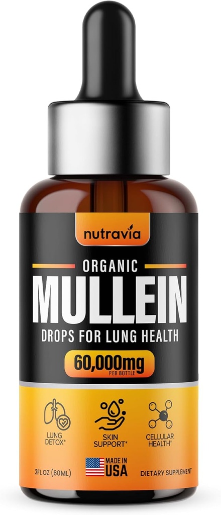 Mullein kvapky pre pľúca - Extra sila Organické Mullein Leaf extrakt Tinktúra pre zdravie pľúc, Detox, Immune & Respiration Support Lung Formula, Made in USA, Mullin Supplement Drops (2oz)