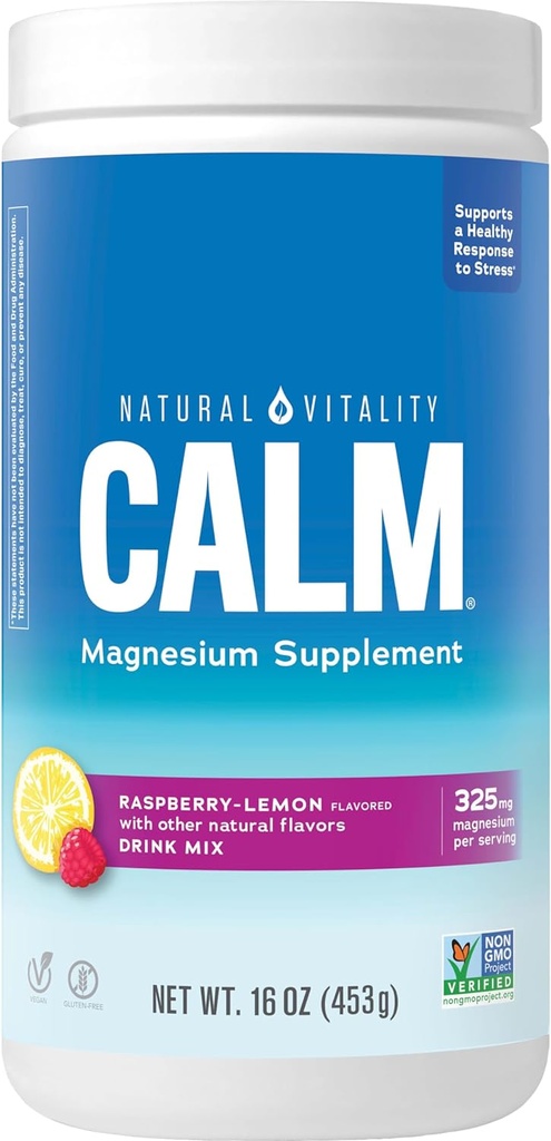 Natural Vitality Calm, Magnesium Citrate Supplement, Anti-Stress Drink Mix Poeder, Glutenvrij, Veganistisch, & Non-GMO, Raspberry Lemon, 16 oz