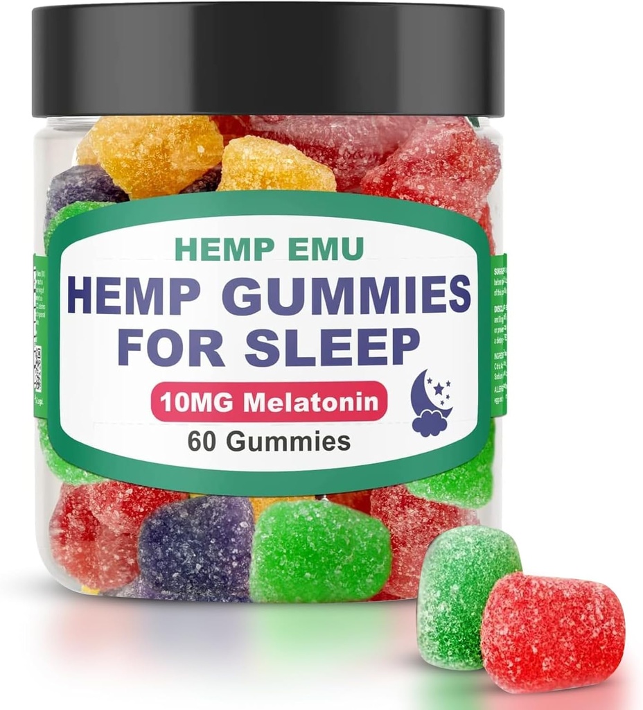 Hemp Emu Hemp Gummies for Sleep - Fall A sleep Faster, Stay A sleep Longer - 10mg Melatonin + Premium Hemp Extract, 2 Gummies Per Service - 60 Count Flavored Gummies