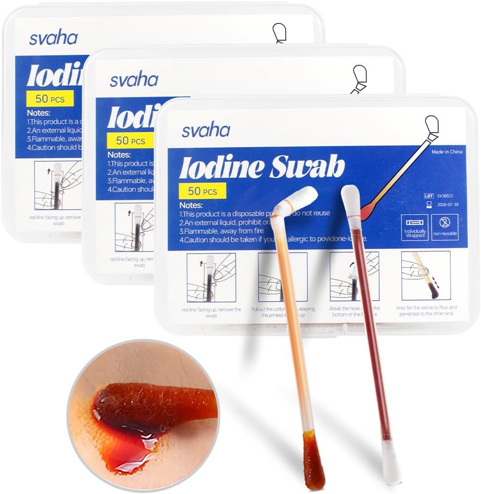 Povidon Jod Swabs - 150 Sticks Sterilní Jod Swabsticks, Individuálně zabalené bavlněné baňky, řešení plněné pro vyčištění ran, První pomoc, Cestování