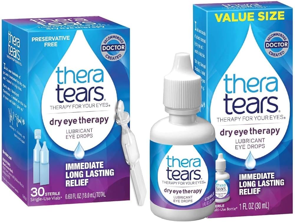 TheraTears Tørr Eye Therapy Smørende øyedråper for tørre øyne, Preservative gratis øyedråper, 30 Single-bruker vialer og tørr øyeterapi øyedråper for tørre øyne, 1,0 fl Oz