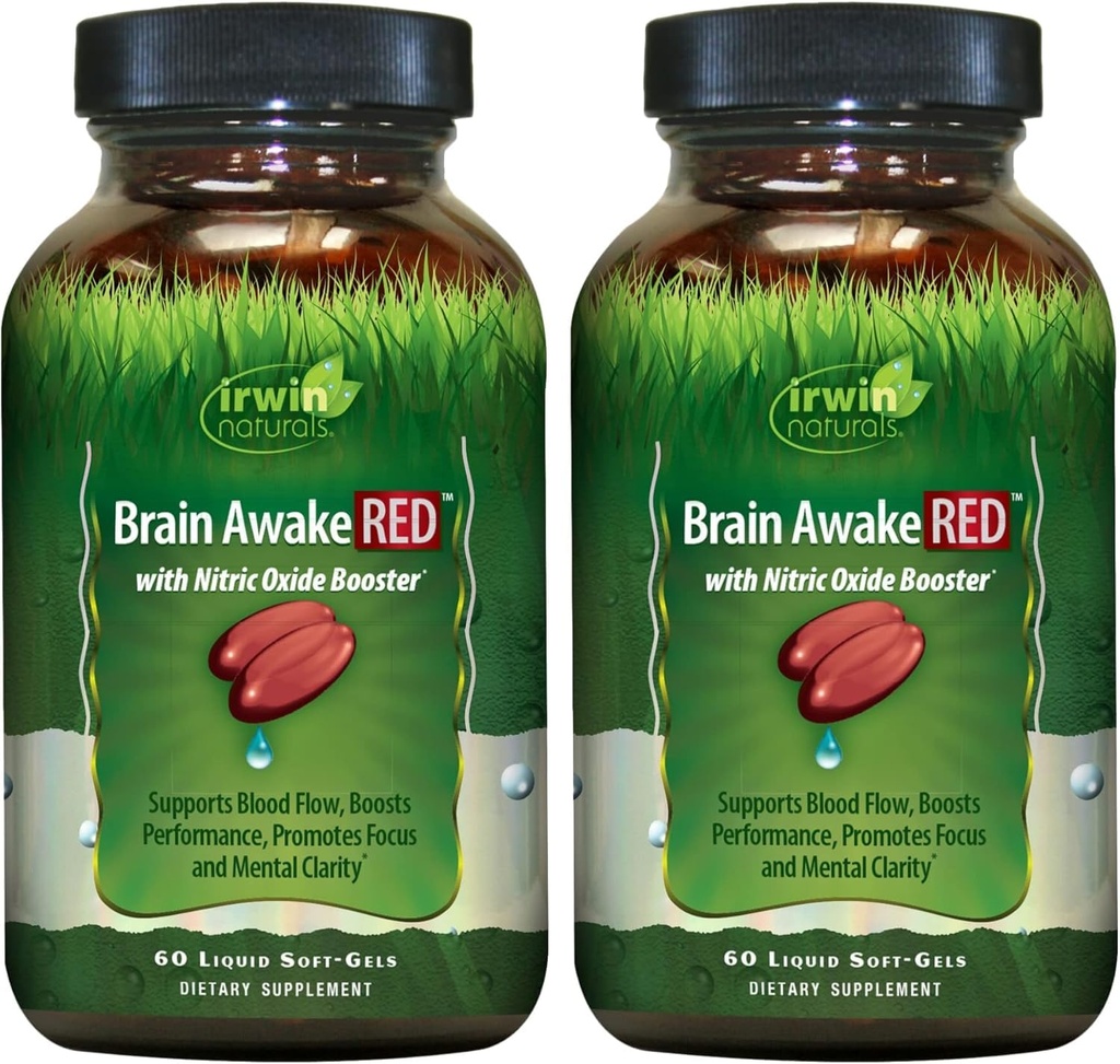 Irwin Naturals Brain Awake RED Focus & Mental Clarity Support (2 Pack) | With Nitric Oxide Booster | Ginkgo + L-Theanine + L-Citrulline | Productivity & Cognitive Performance | 2 X 60 Softgels