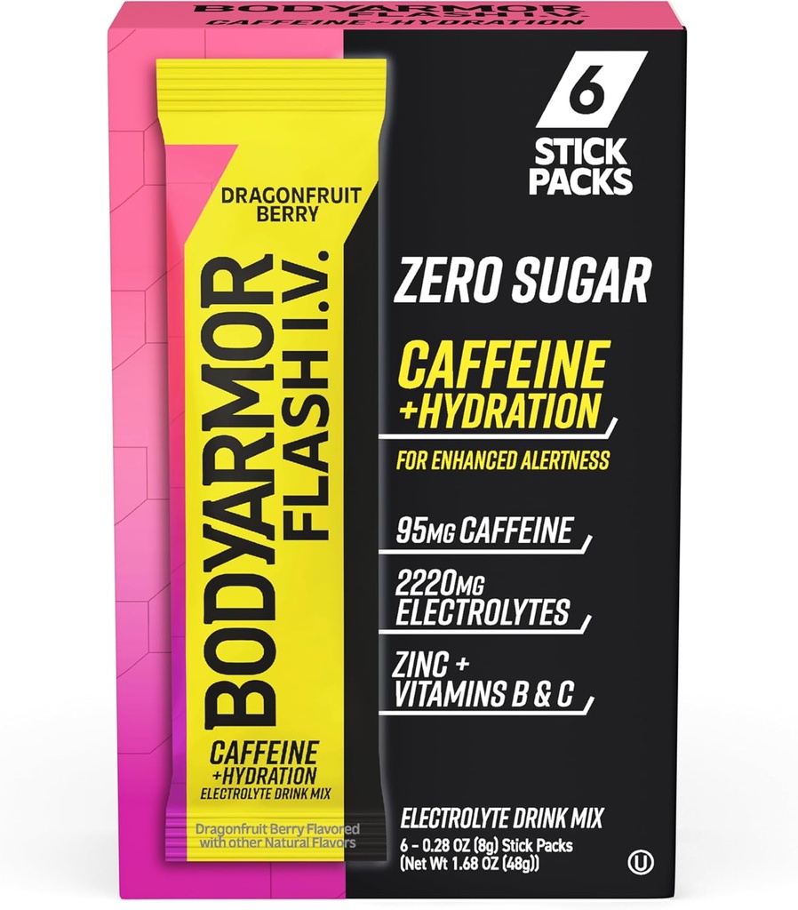 BODYARMOR Cafeïnated Flash I.V. Electrolyte Packets - Dragonfruit Berry - Zero Sugar Energy Drink Mix, Single Serve Packs, Hydration for Pre Workout, Travel Essentials, Active Lifestyle (6 telling)