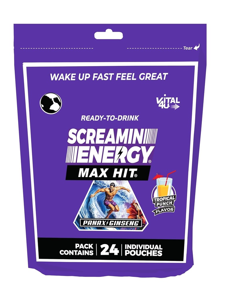 Screamin Energy Max Hit Tropical Punch Flavor - Massima resistenza Sugar Free Energy Shot con Ginseng, Vitamine B e Caffeina - 24 Conte