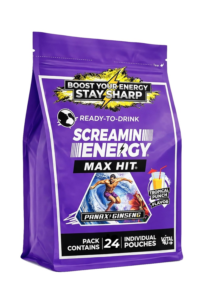 Screamin Energy Max Hit Tropical Punch Flavor - Maximum Strength Sugar Free Energy Shot with Ginseng, B Vitamins, and Caffeine - 24 Count
