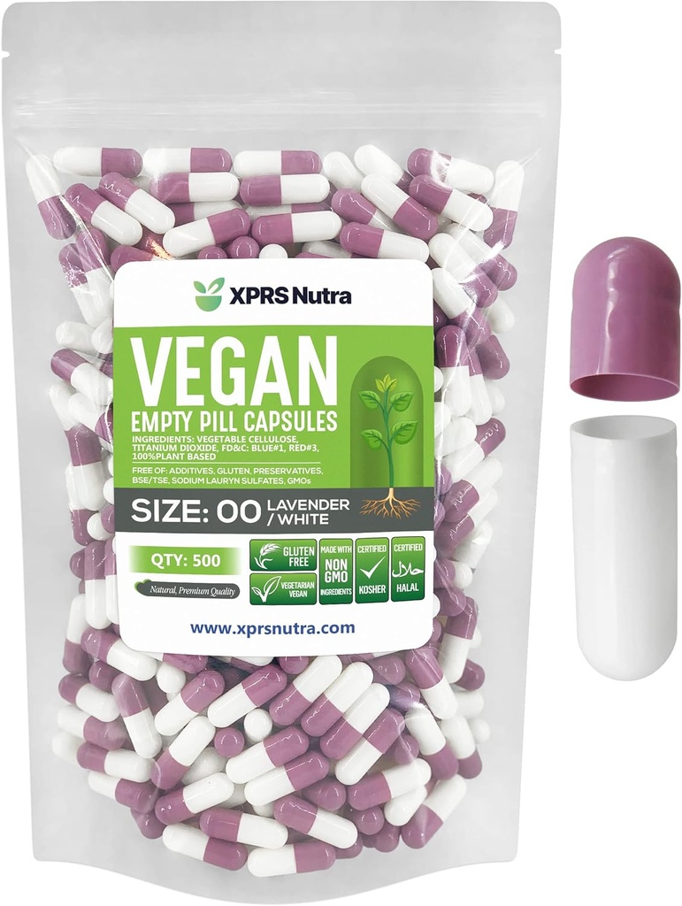 XPRS Nutra Tamaño 00 Cápsulas baleiras - 500 Cabos Vegan baleiros - Pastillas baleiras vexetarianas - cápsulas DIY de verduras cheas- Veggie pílula caps (Lavender/White)