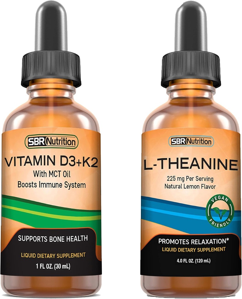 SBR Nutrition D3 + K2 og L- Theanine Bundle Vitamin D3K2 (MK7) Liquid Drops, Pebermynte, 1oz - 124; L theanine - 225mg Liquid Drops, 2oz - 124; for voksne & Kids - 124; Non- GMO, Gluten Free