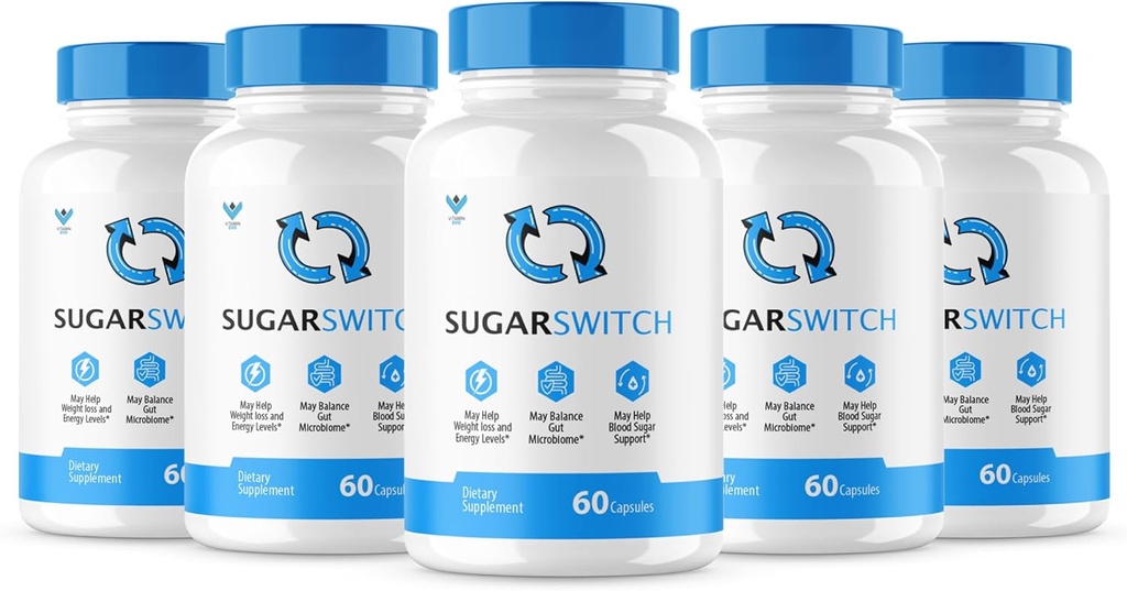 (5 PACK) SugarSwitch Kapsle, Oficiální pilulky s cukrem, All- Natural Blood Formule pro zdravé hladiny, Sugar Switch 24 Dodatek, SugarSwitch 2 Pektin Recenze (300 Kapsle) 5 Měsíční dodávka