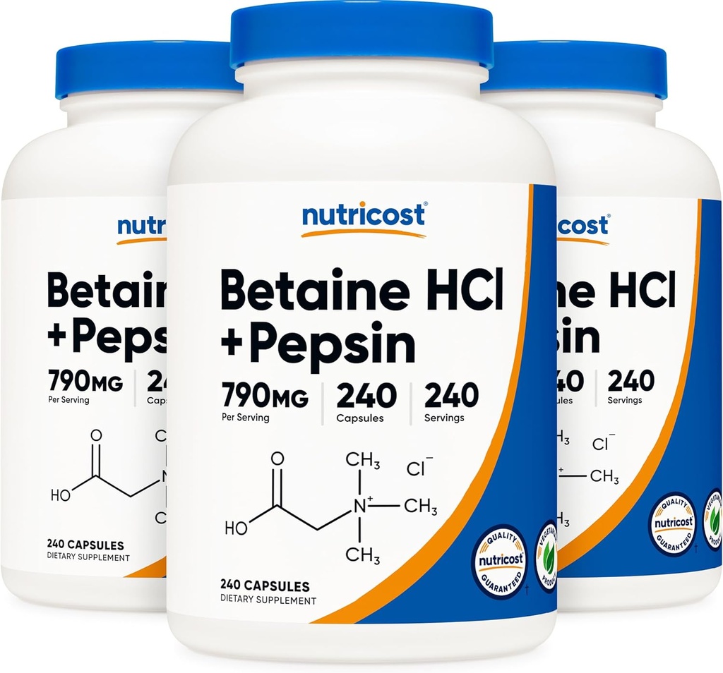 Nutricost Betaine HCl + Pepsin 790mg, 240 kapszula, 3 üveg (720 kapszula)